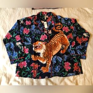 Anthropologie Navy Floral Tiger Print Pajama Top Large NWT